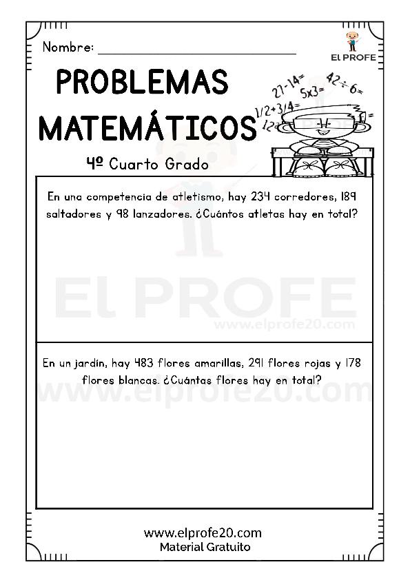 Cuadernillo de problemas matemáticos para cuarto grado